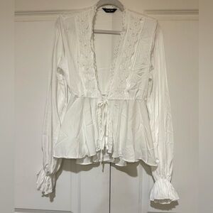 ChicMe White Long Sleeve Blouse With Lace Trim & Tie Closure Size M